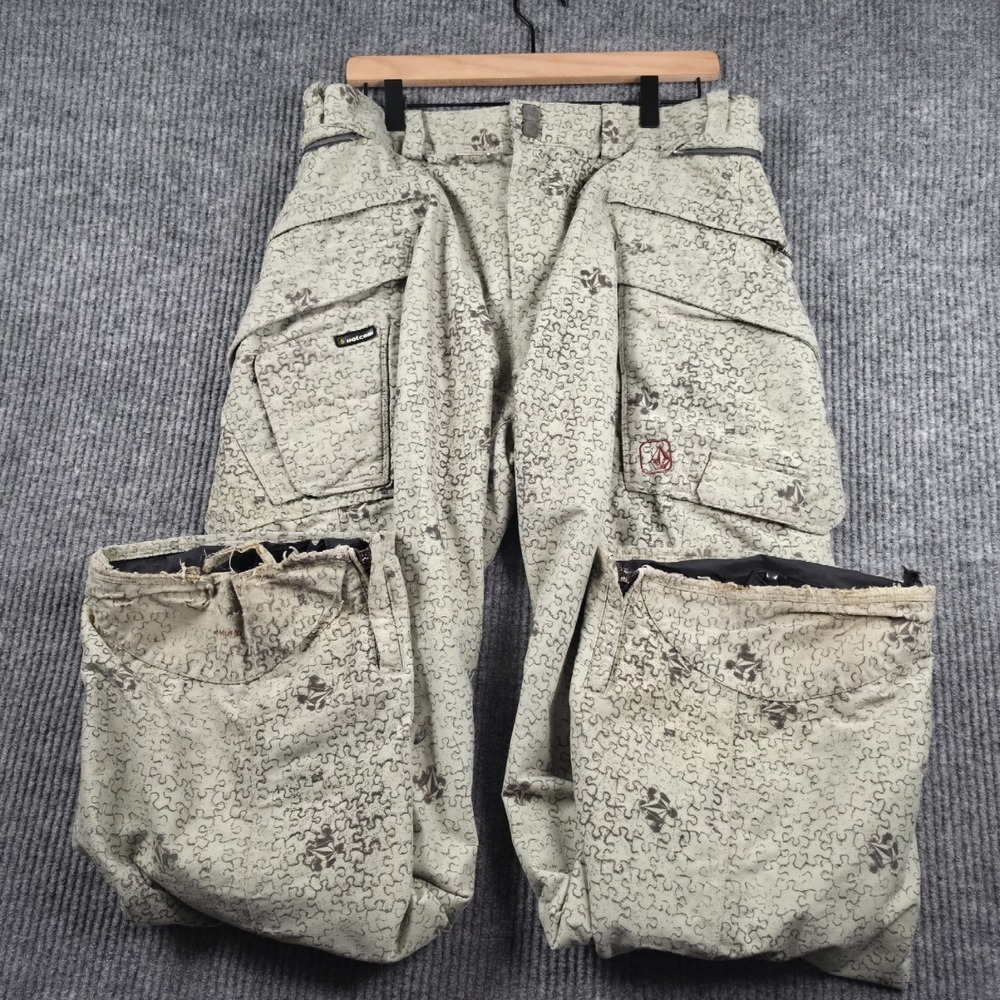 Volcom Nimbus Snowboard Pants Mens Large Tan Jigsaw Stone Logo Print Winter Y2K